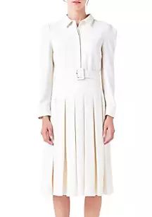 Pleated Collared Long Sleeve Midi Dress | Belk