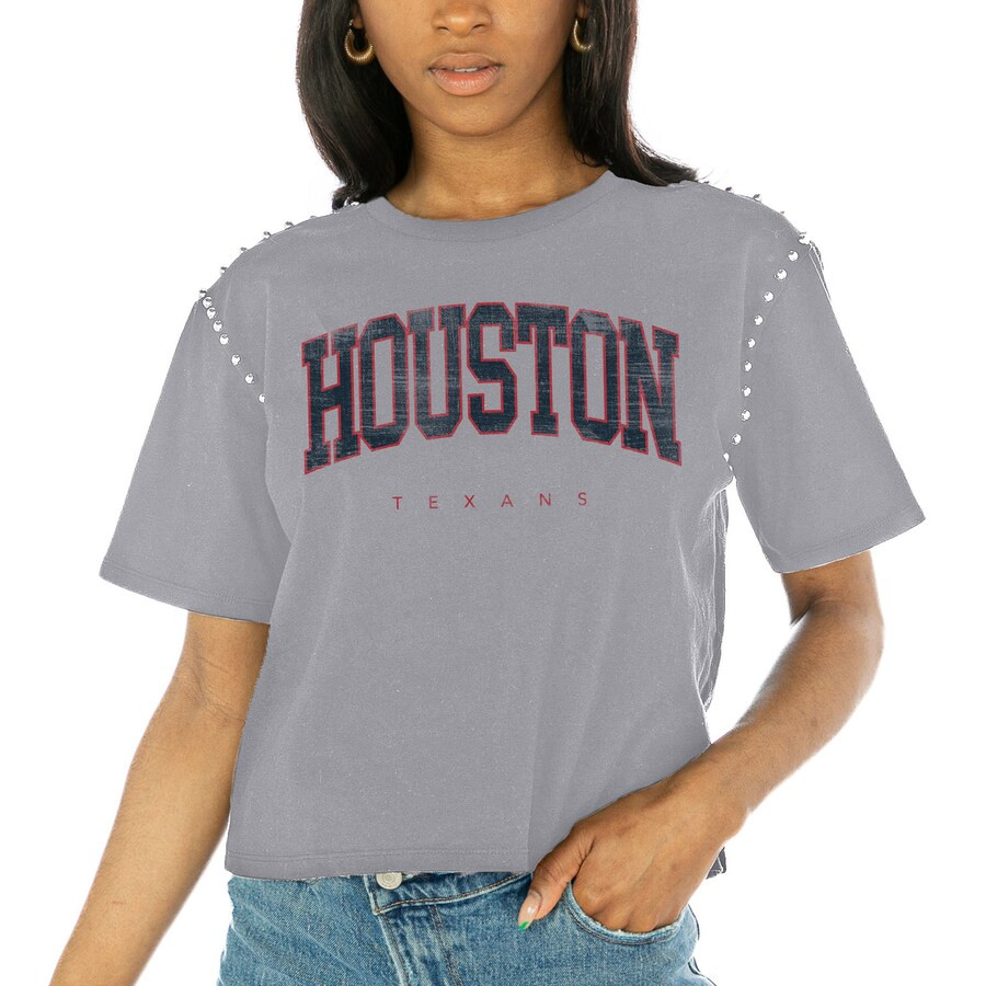 Houston Texans Gameday Couture Women's Elite Elegance Studded Sleeve Cropped T-Shirt - Gray | Fanatics