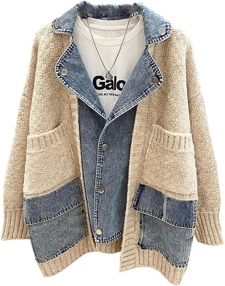 Women's Autumn Sweater Oversized Loose Sweater Splicing Denim Contrast Color Sweater Winter Knitt... | Amazon (US)