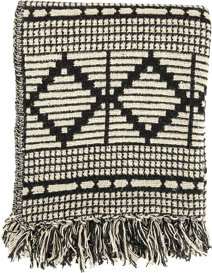 Bloomingville Soft Reclaimed Cotton Blend Throw with Diamond Pattern and Fringe, Black and Beige | Amazon (US)