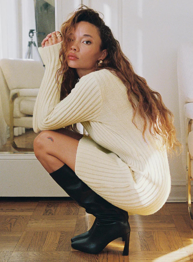 Hadder Long Sleeve Knit Mini Dress Beige | Princess Polly US