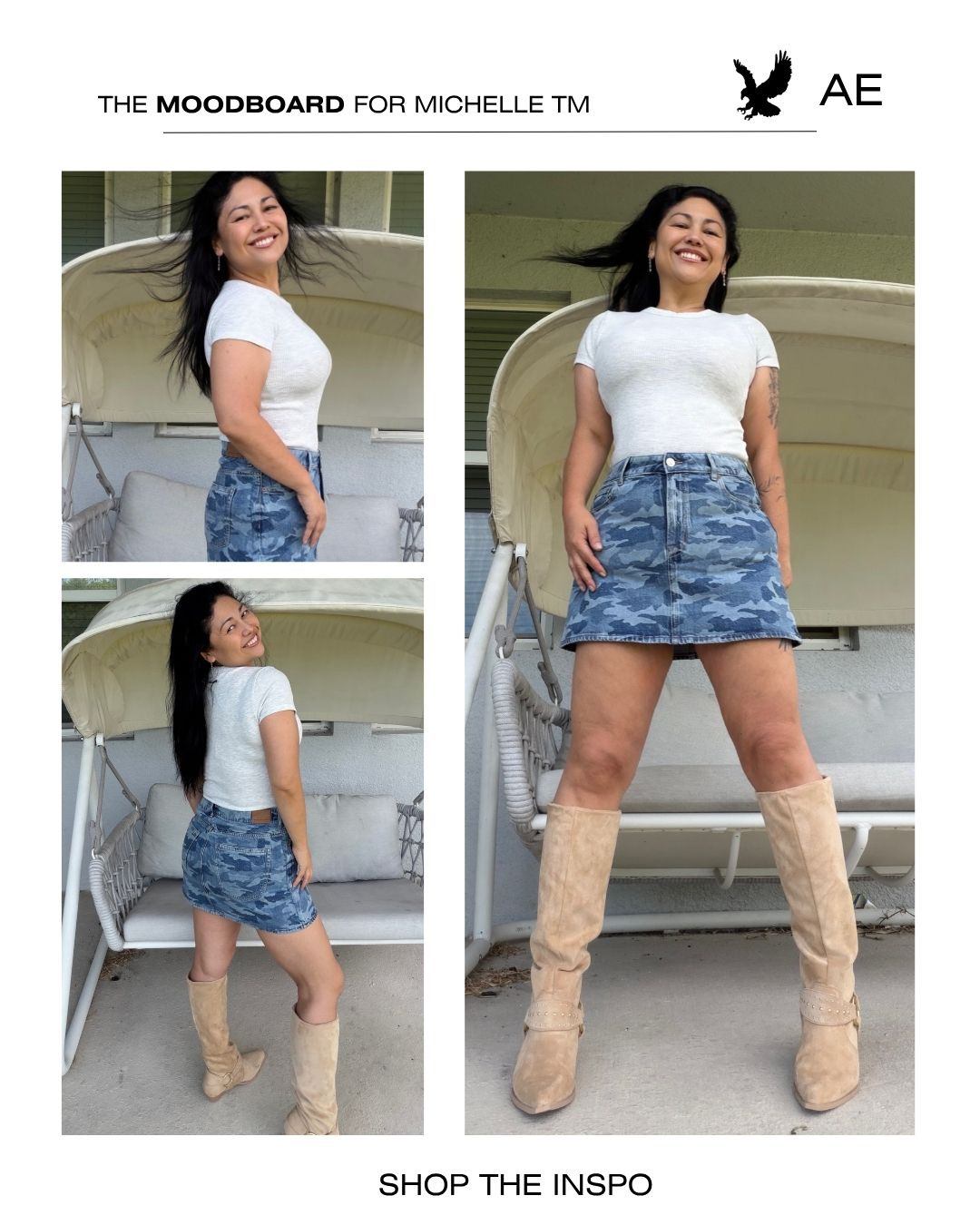 The camo skirt + baby tee combo had to make it to the feed 🤎✨ Paired with knee-high boots for the perfect mix of casual and elevated. Everything linked on my LTK! #LTKStyle #AmericanEagle
Follow me on IG: @michellemc8 

 #LTKootd #LTKU #LTKMidsize