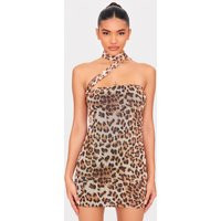 Leopard Printed Mesh Tie Neck Mini Dress | PrettyLittleThing US