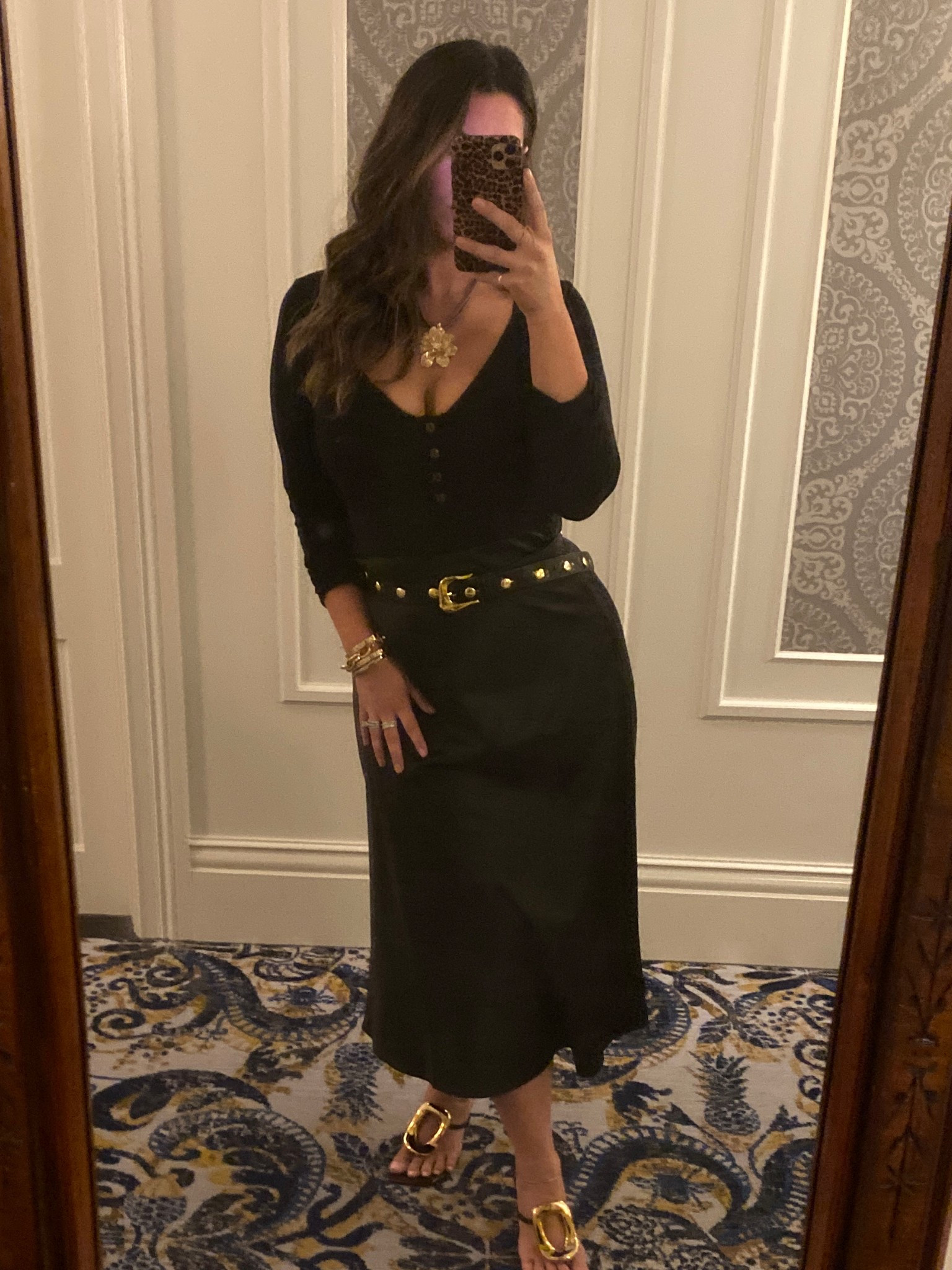 Cute spring date night outfit. Black silk midi skirt, bodysuit, gold sandals, studded belt and gold floral jewelry  

#LTKFindsUnder50 #LTKStyleTip #LTKMidsize