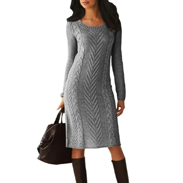 Dokotoo Womens Gray Midi Dress Pullover Casual Long Sleeve Bodycon Sweater Dress Size Medium US 8... | Walmart (US)
