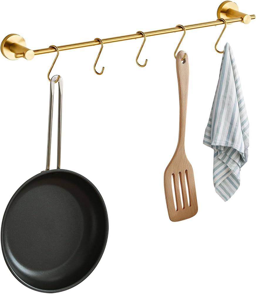 21.6 Inch Towel Bar with 5 S Shaped Hooks,Brass Towel Holder Brushed Gold Towel Rack for Bathroom... | Amazon (US)