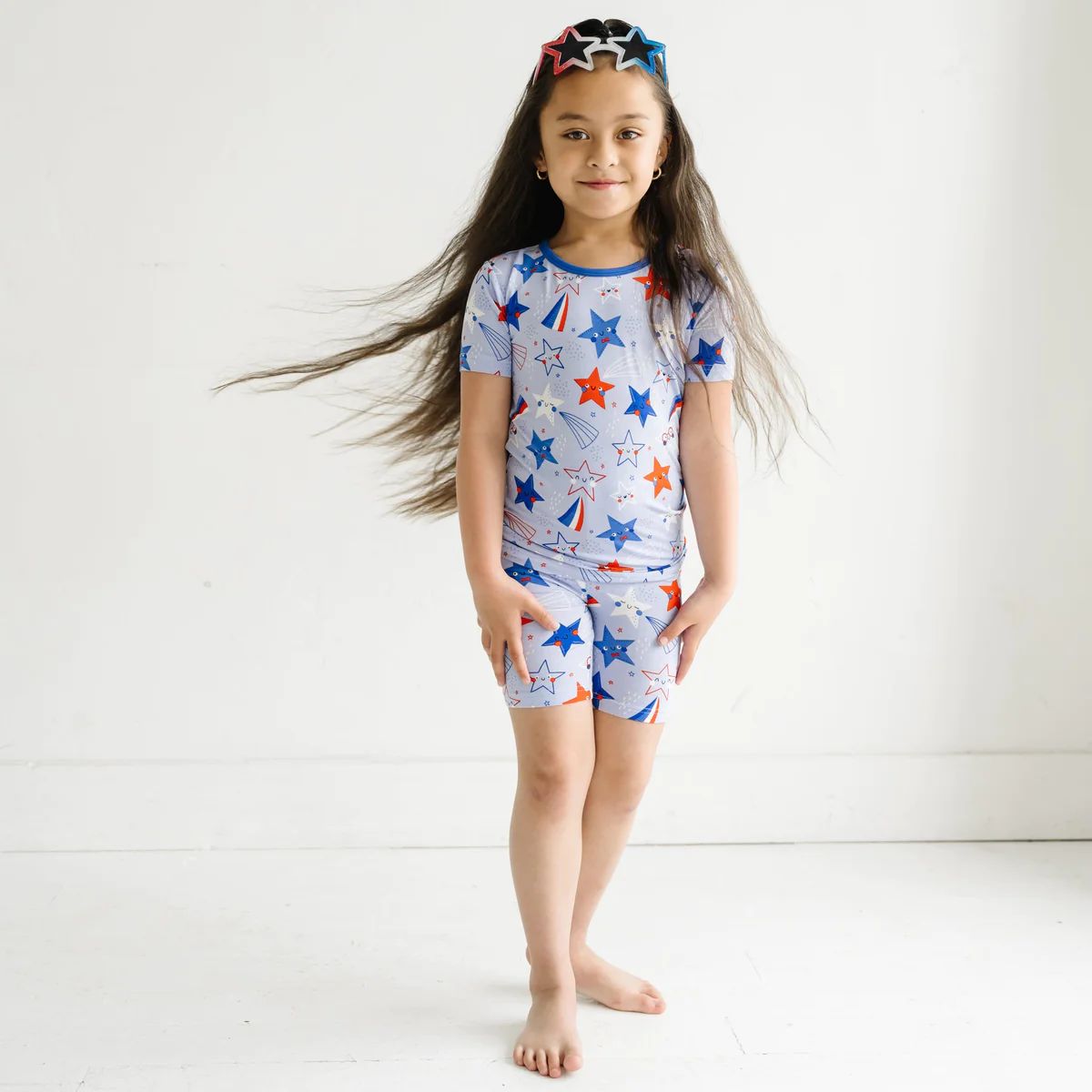 Blue Stars & Stripes Two-Piece Short Sleeve & Shorts Bamboo Viscose Pajama Set | Little Sleepies