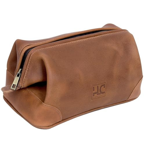 HLC Leather Toiletry Bag for Men - Best Gift for Men - Premium Genuine Leather Dopp Kit Shaving Kit Organizer Travel Kit Pouch Bag for Men - Large Size (Tan) | Amazon (US)