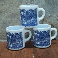 Vintage White Milk Glass Blue Asian Scene Coffee Tea Cup Mug Set Of 3 | Etsy (US)