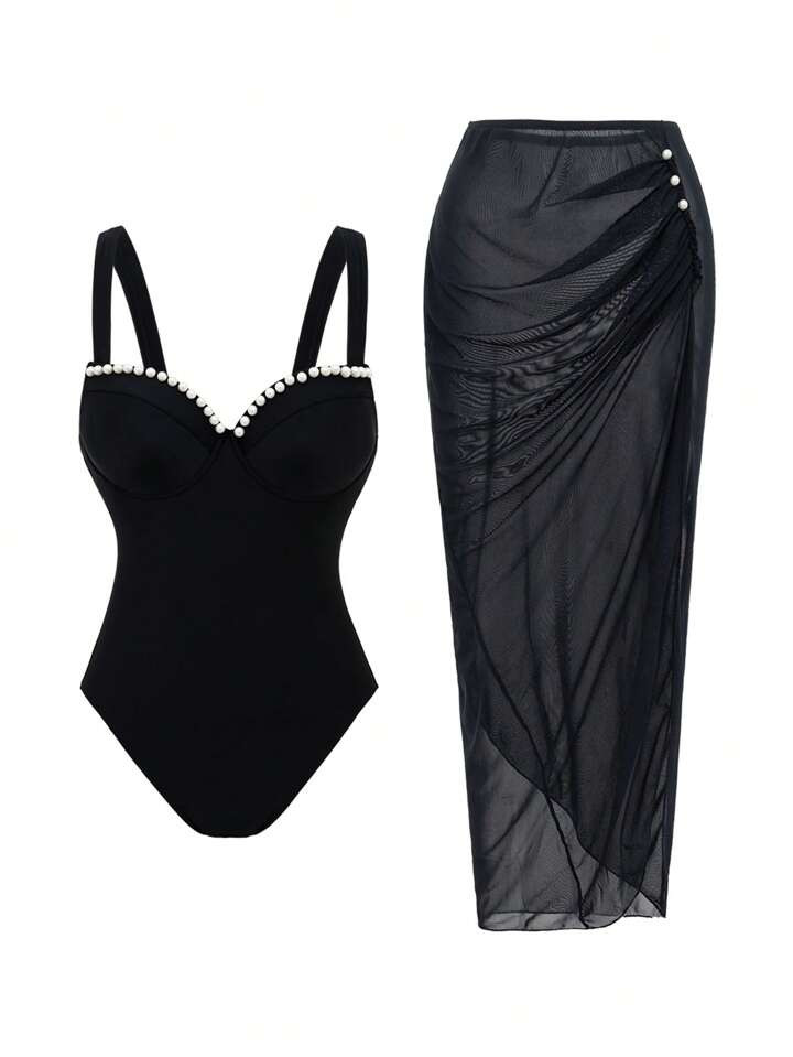 Swim Oasis 2pcs Set - Faux Pearl Strap Push-Up Monokini & Long See-Through Split Hem Beach Cover ... | SHEIN