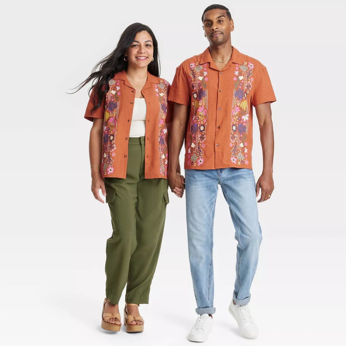 Latino Heritage Month Adult Short Sleeve Floral Woven Button-Down Shirt - Orange | Target