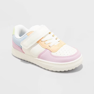 Toddler Jaid Solid Court Sneakers - Cat & Jack™ White/Blue/Pink 8T: Faux Leather, Hook and Loop, Non-Marking Sole | Target