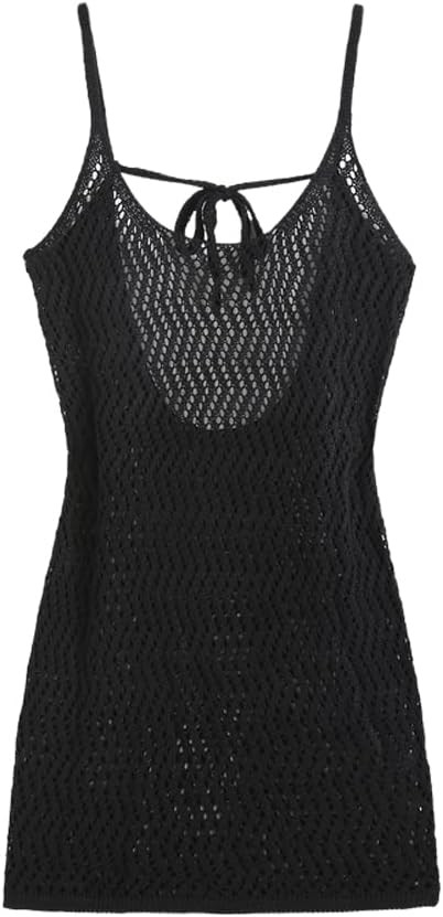 ZAFUL Women's Halter Knitted Drawstring Waist Sleeveless Beach Cover Up Dress (0-Black, S) | Amazon (US)