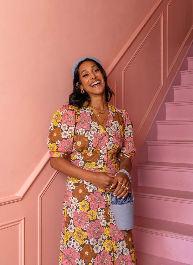 Zeena X Joanie - Rebecca Wallpaper Floral Print Puff Sleeve Midi Dress | Joanie