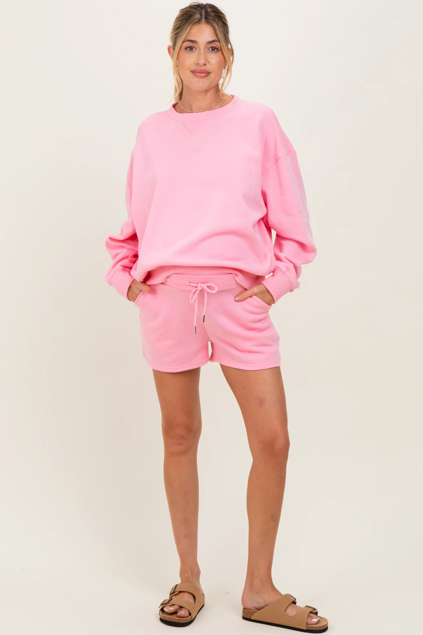 Pink Fleece Sweatshirt Shorts Maternity Set | PinkBlush Maternity
