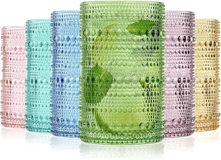 ZOOFOX Set of 6 Vintage Drinking Glasses, 12 Oz Colored Hobnail Glasses Tumbler, Embossed Design ... | Amazon (US)