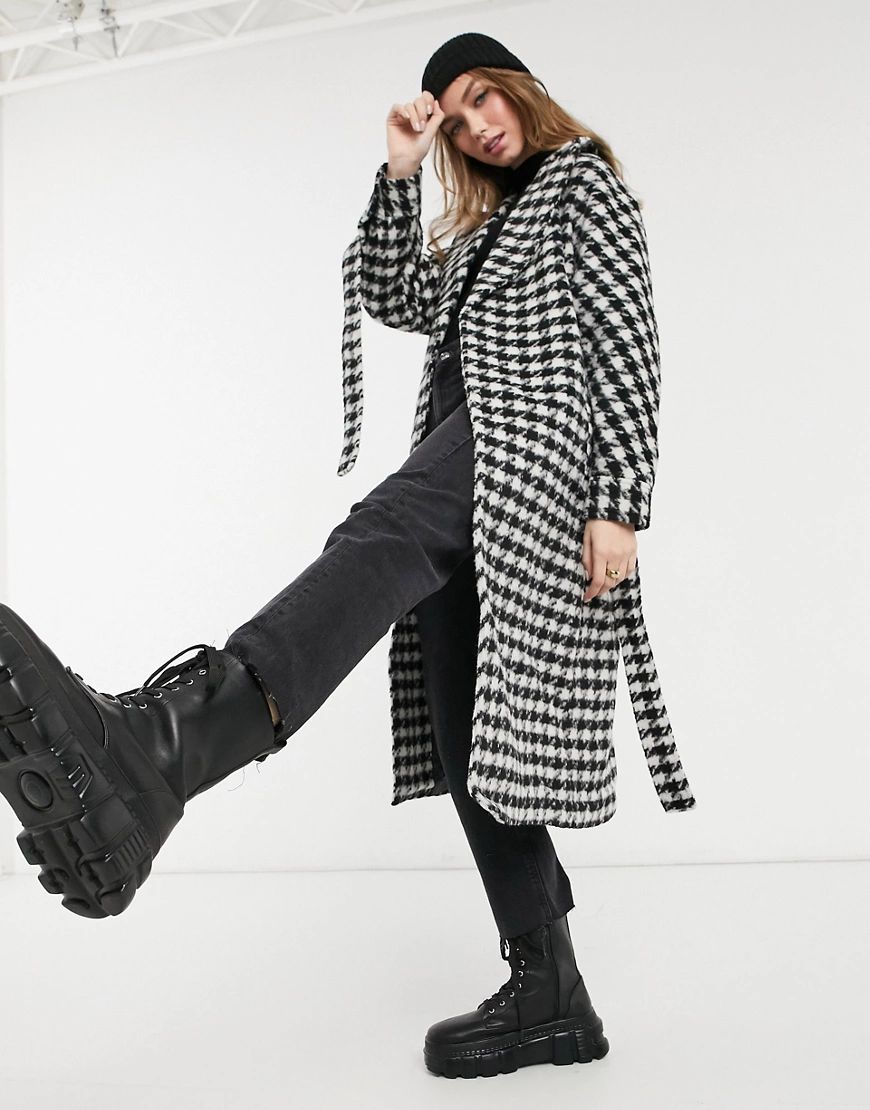 New Look belted maxi houndstooth coat in black check | ASOS (Global)