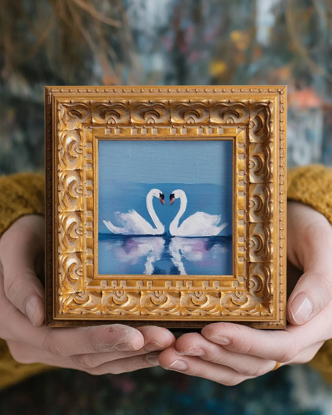 Original Hand Painted Swan Pair, Mini Animal Couple Oil Painting, Small Wall Art Decor, 5X5 Vinta... | Etsy (US)