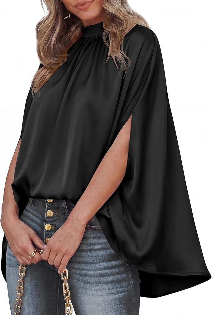 BTFBM Womens Summer Tops 2026 Mock Neck Batwing Sleeve Silk Satin Shirts Loose Oversized Dressy C... | Amazon (US)