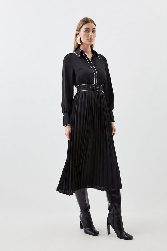 Petite Piping Detail Georgette Pleated And Belted Woven Maxi Dress | Karen Millen US