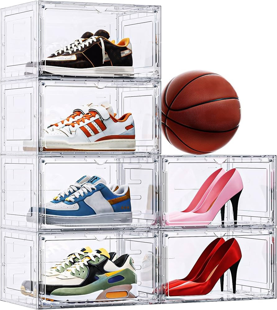 6 Pack XX Large Shoe Organizer, Heavy-Duty Hard Thicken Plastic Clear Stackable Shoe Storage Box ... | Amazon (US)