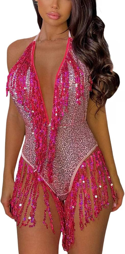 RARITYUS Women's Sparkly Sequin Swimsuit Rave Outfit Sexy Plunging Backless Bodysuit Glitter Frin... | Amazon (US)