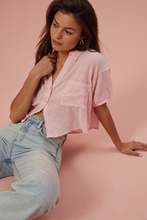 Briar Cropped Button Up Top in Pink | Altar'd State | Altar'd State