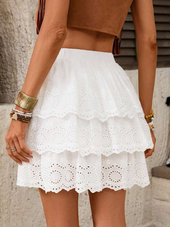 SHEIN LUNE Women's White Boho Mini Skirt: Woven Fabric, Tiered Layers, And Semi-Sheer Design For A Chic Summer Look | SHEIN