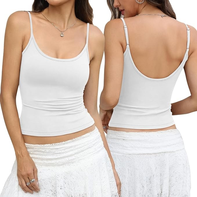 Womens Cotton Scoop Neck Tank Top Adjustable Spaghetti Strap Camisole Basic Summer Fitted Backles... | Amazon (US)