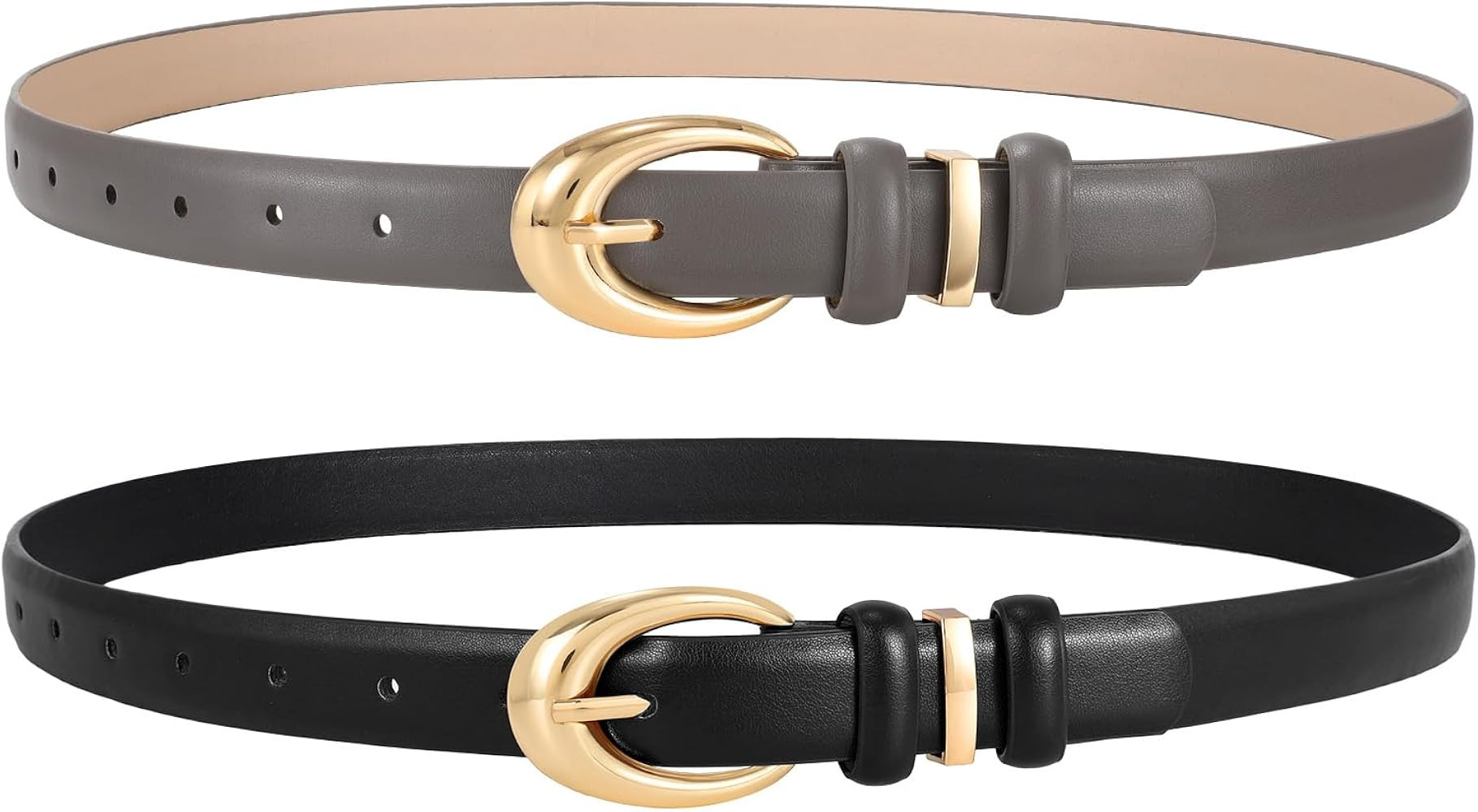 LEACOOLKEY 2 Pack Women Leather Belts for Jeans Dress Fashion Skinny Belt with Gold Silver Buckle | Amazon (US)