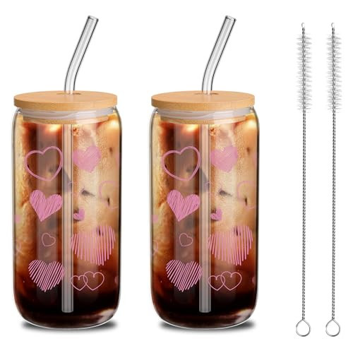 Yetene 2 Pcs Hearts Glass Cup Set, 16 oz Valentine Tumbler Glasses with Bamboo Lids and Straws Can Shaped Iced Coffee Cups Clear Glass Cups Drinking Jars for Couple Lover Birthday Gifts(Pink) | Amazon (US)