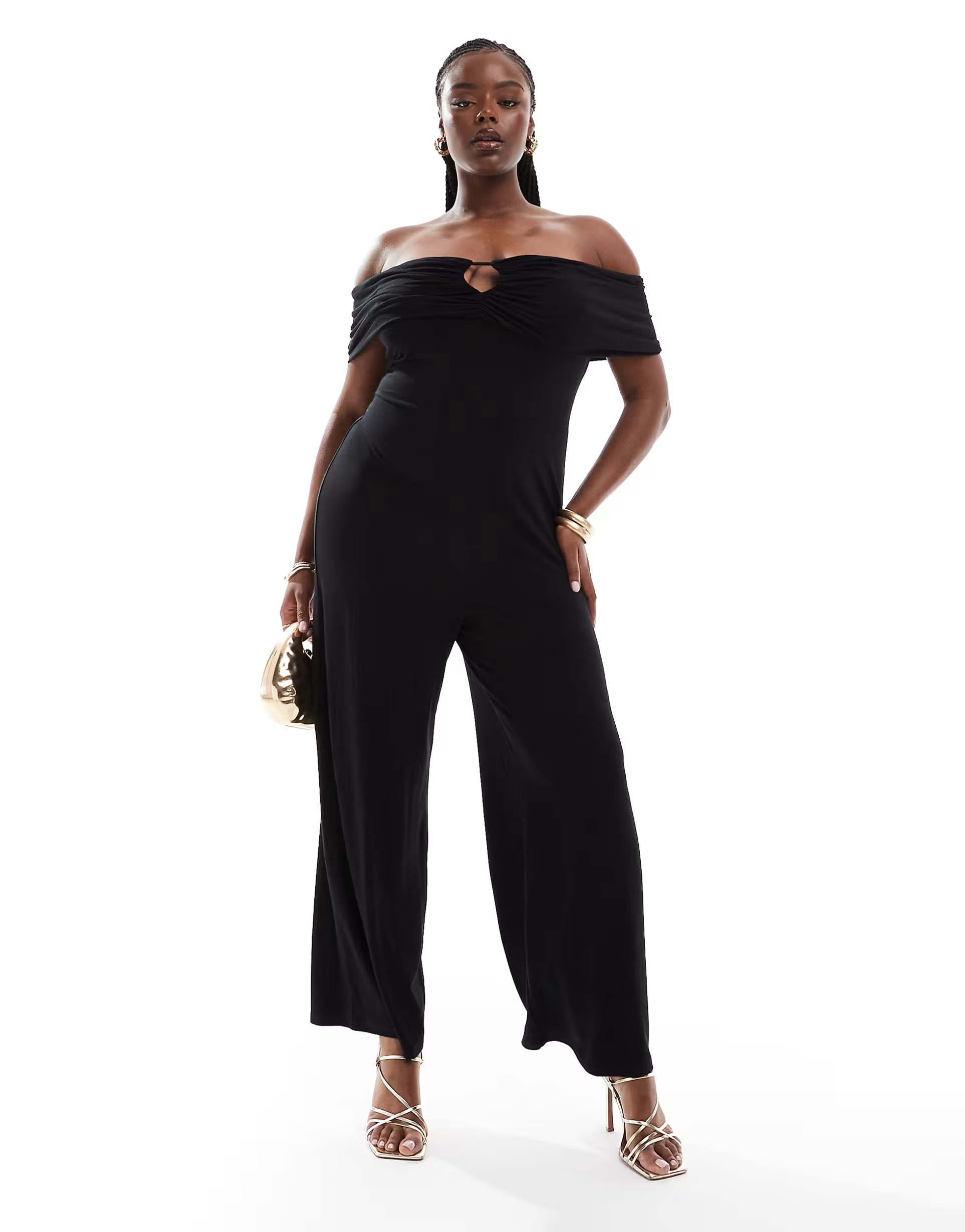 ASOS DESIGN ruched off the shoulder jumpsuit with front cut out in black | ASOS (Global)