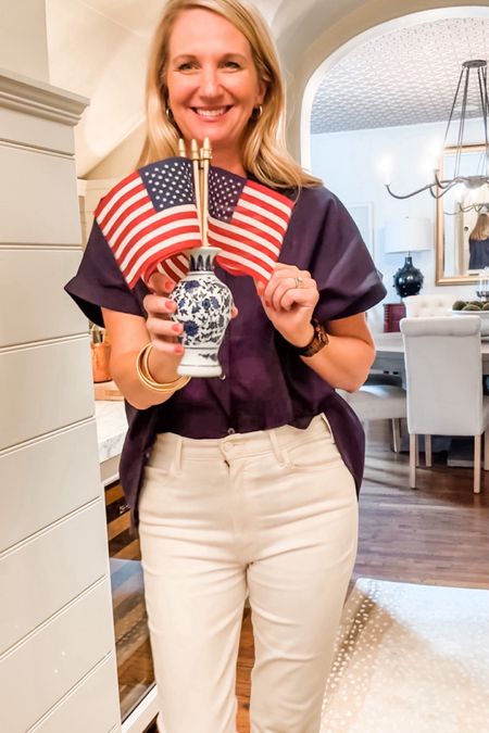 A flag bouquet! 🇺🇸💙🤍 Love this three pack of blue and white vases with some flags for a darling hostess gift idea this summer. 

Use promo code southernheather15 for 15 percent off the cute blouse! 

#LTKGiftGuide #LTKfindsunder50