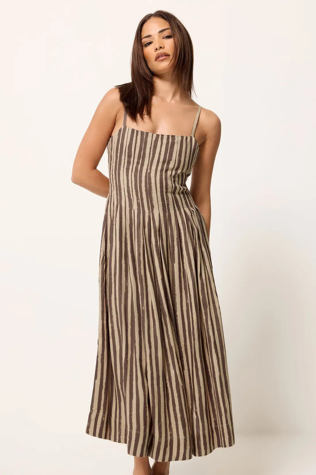 Brown PixieGirl Petite Stripe Midi Dress | Debenhams | Debenhams UK