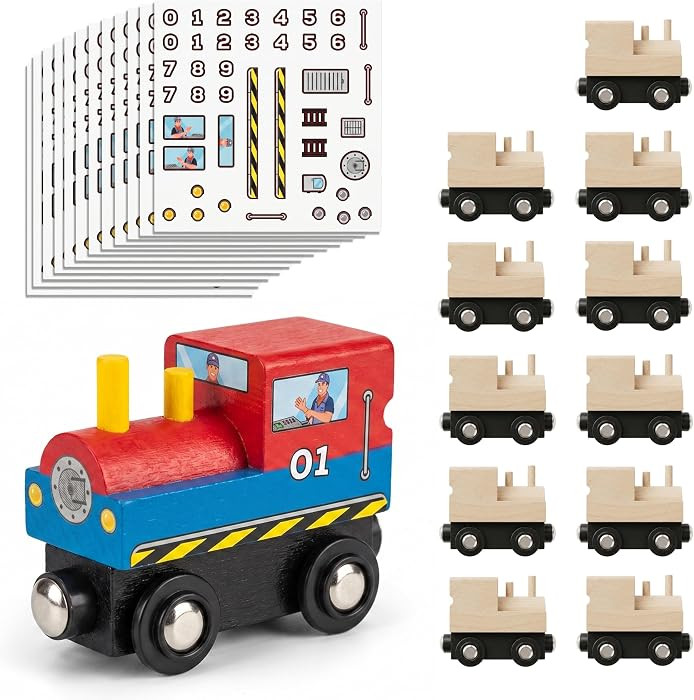 12 Pcs Unpainted Wooden Train And Stickers - Craft Kit \u2013 Magnetic Engines with 12 Sticker Sh... | Amazon (US)
