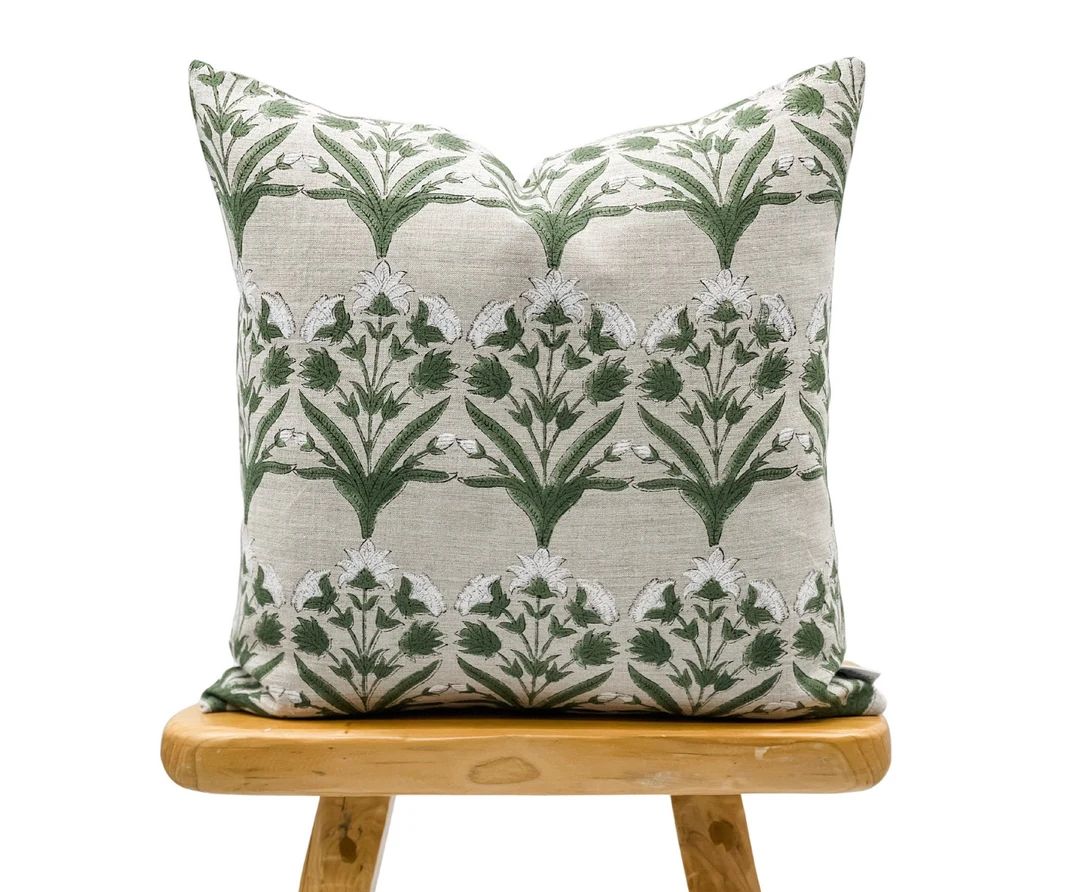 Designer Floral Green on Natural Linen Pillow Cover, Green and white Pillow cover, Boho Pillow, D... | Etsy (US)