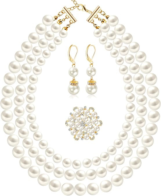 Pearl Jewelry Set for Women Faux Pearl Costume Jewelry Set with Necklace, Bracelets, Ring, Earrin... | Amazon (US)