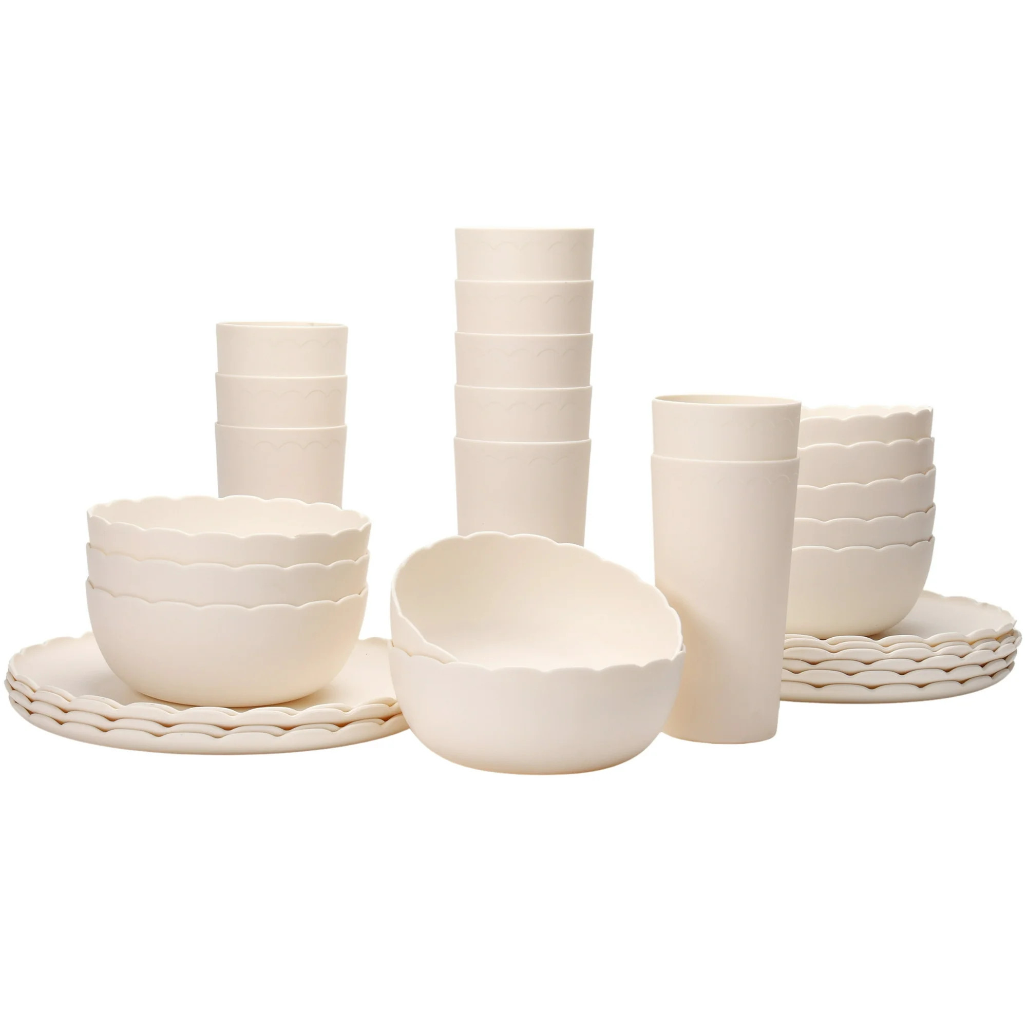 Mainstays 30-Piece Plastic Scalloped Dinnerware Bundle Set, Cream | Walmart (US)