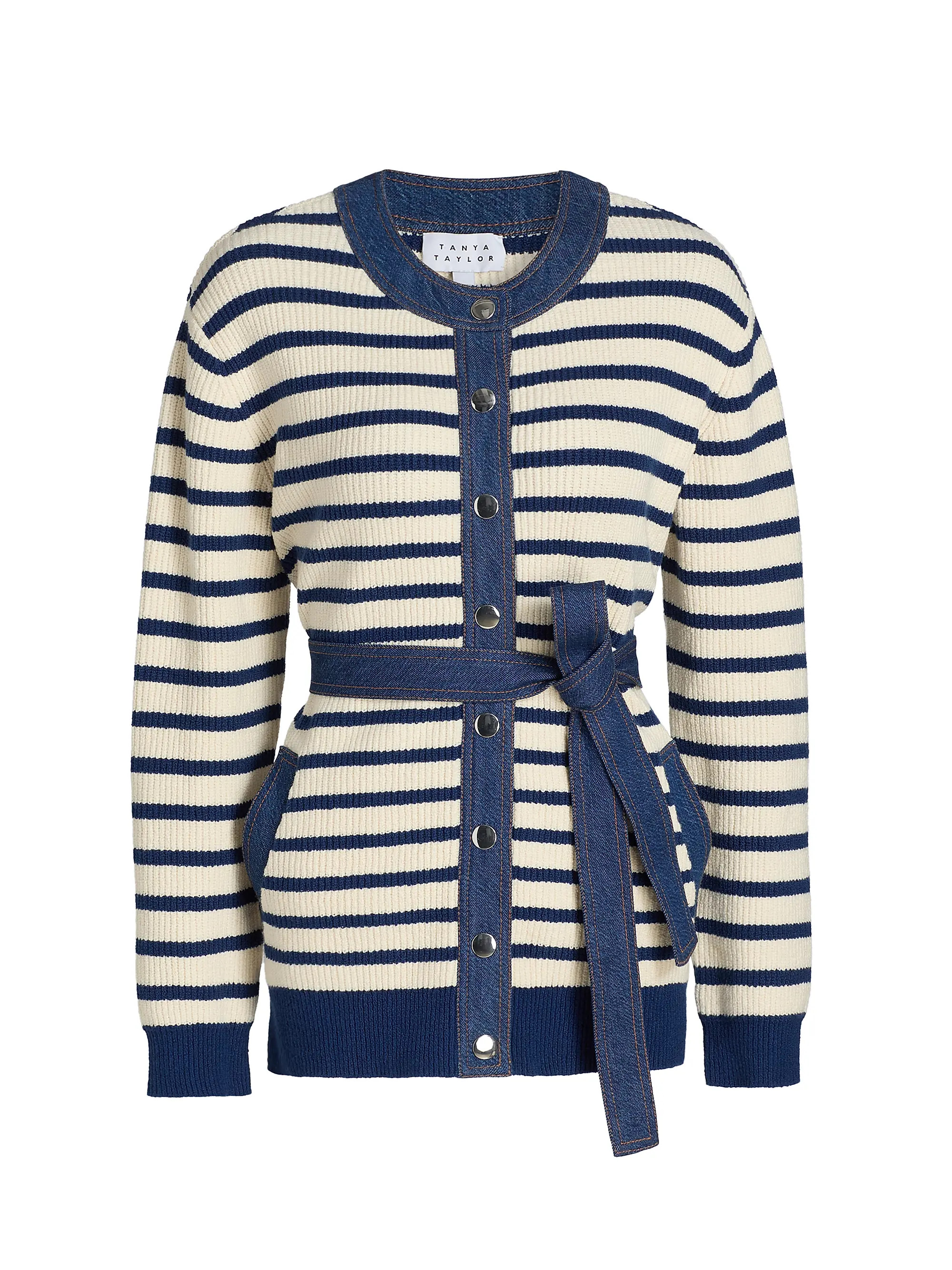 Delia Denim-Trim Stripe Stretch Cotton Cardigan | Saks Fifth Avenue