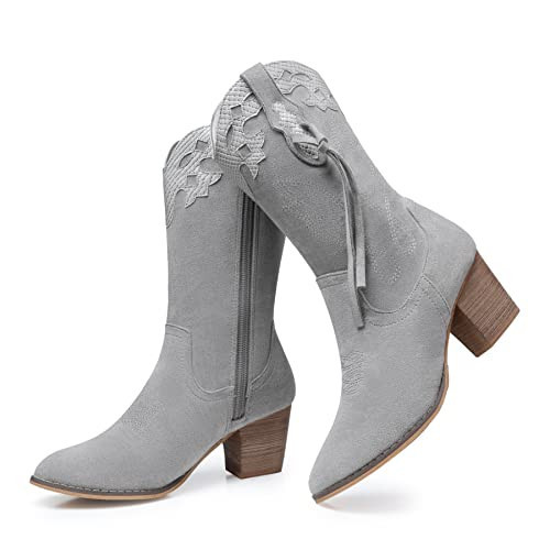 SHIBEVER Cowboy Cowgirl Boots for Women: Womens Western Boots Country Round Toe Suede Embroidered Mid Calf Booties Grey Size 6 | Amazon (US)