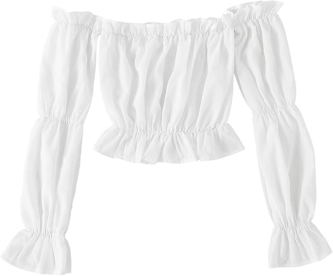 LYANER Women's Off Shoulder Ruffle Trim Puff Long Sleeve Tube Crop Blouse Shirt Top | Amazon (US)