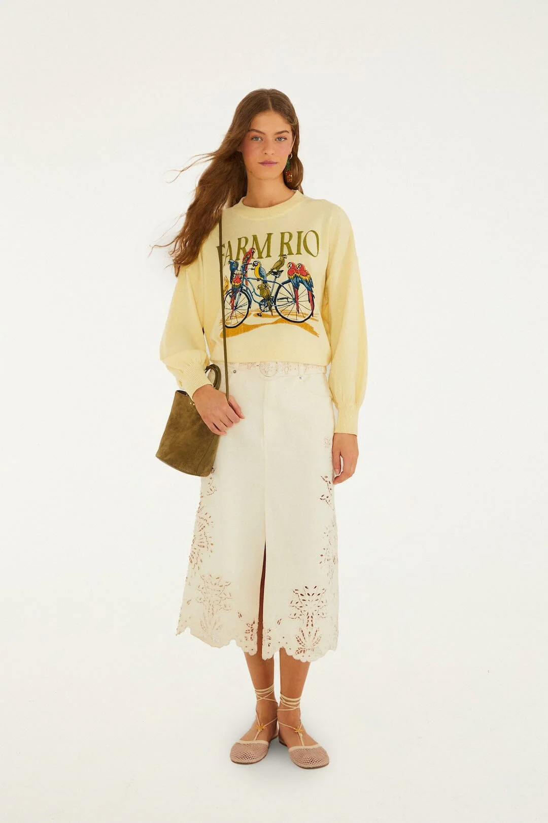 Beige Geometric Richelieu Twill Midi Skirt | FARM Rio | FarmRio (US)