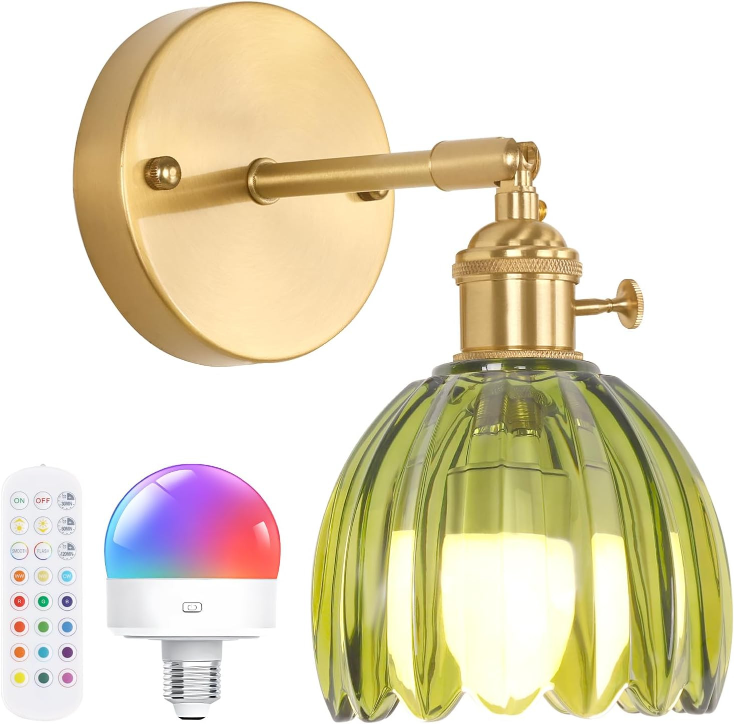 Shenmoyl Vintage Battery Operated Wall Sconce with Green Tulip Glass Lampshade Rechargeable Battery Powered Wall Light with Remote Control for Bedside Bedroom Doorway | Amazon (US)