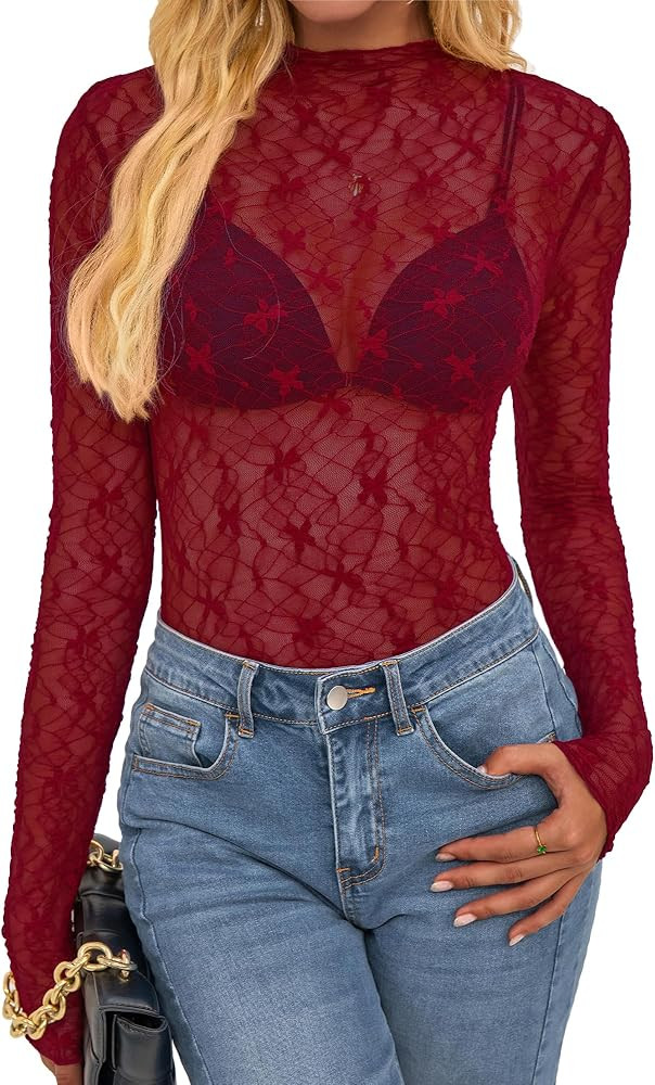 BTFBM Lace Tops for Women 2025 See Through Mesh Top Crew Neck Long Sleeve Fitted Sheer Party Club... | Amazon (US)