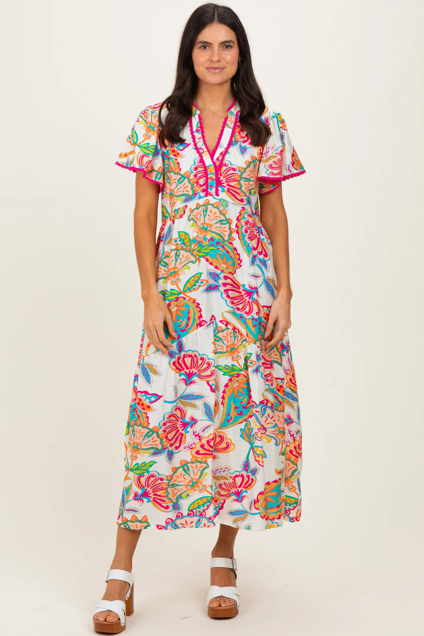 Cream Boho Print Lace Trim Tiered Midi Dress | PinkBlush Maternity