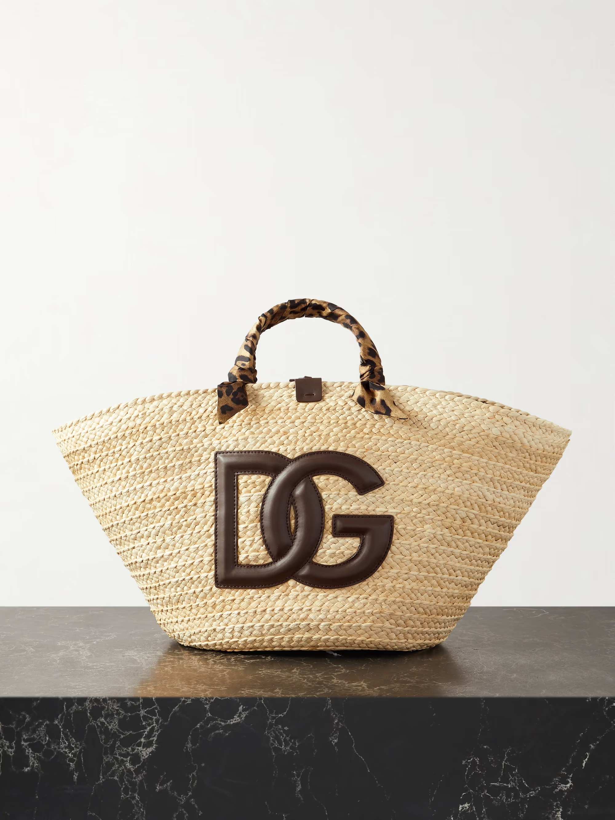 Kendra small leather and leopard-print twill-trimmed raffia tote | NET-A-PORTER (UK & EU)