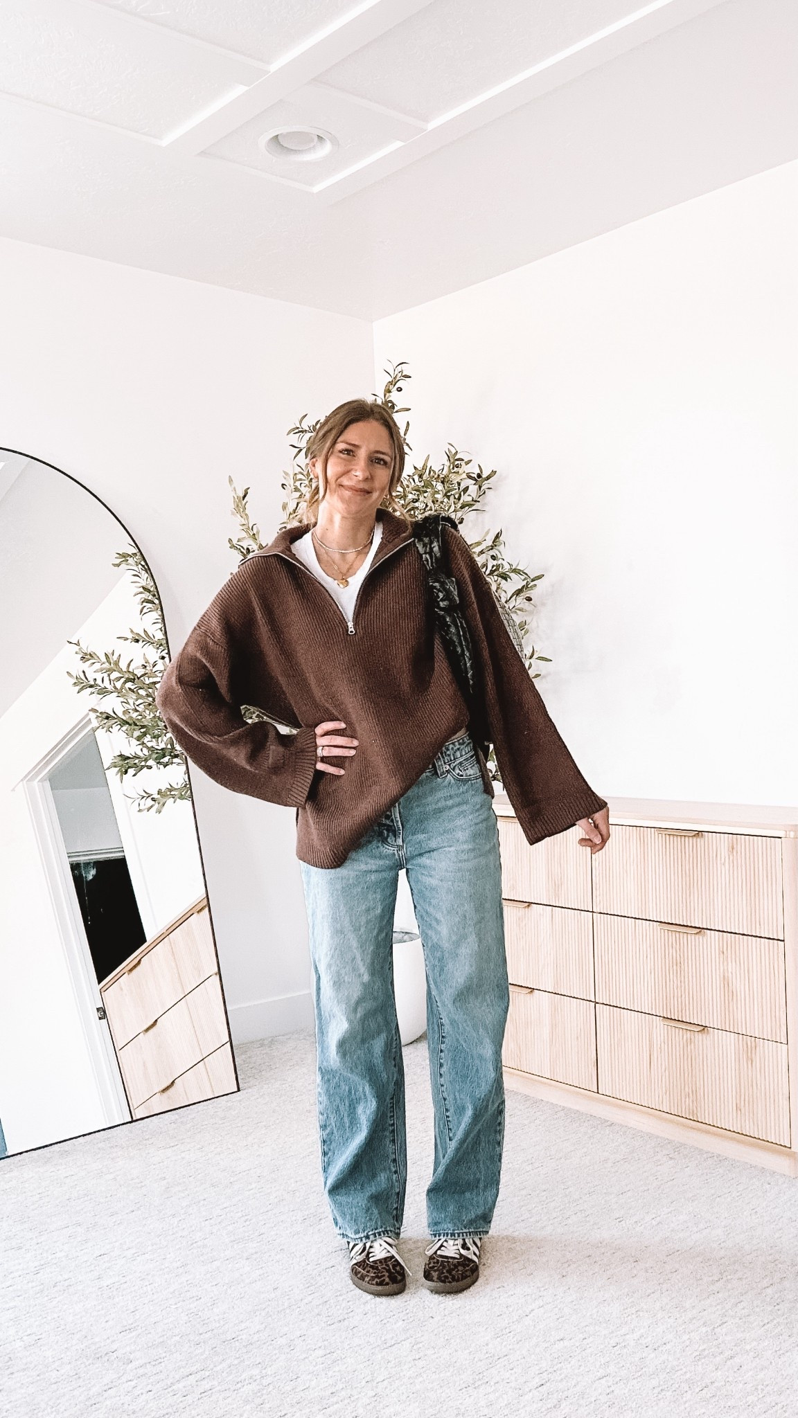 Casual everyday outfit with relaxed jeans, a cozy brown sweater, and sneakers. Comfortable, simple, and put together without overthinking it.

#LTKgrwm #LTKootd #LTKmomlife