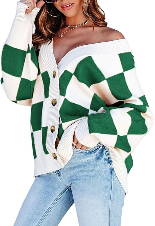 Dokotoo Womens Plaid V Neck Button Down Long Sleeve Cable Knit Oversized Cardigan Sweaters Tops | Amazon (US)