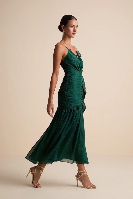 Stunning Soiree Emerald Lurex Ruched Midi Dress | Lulus