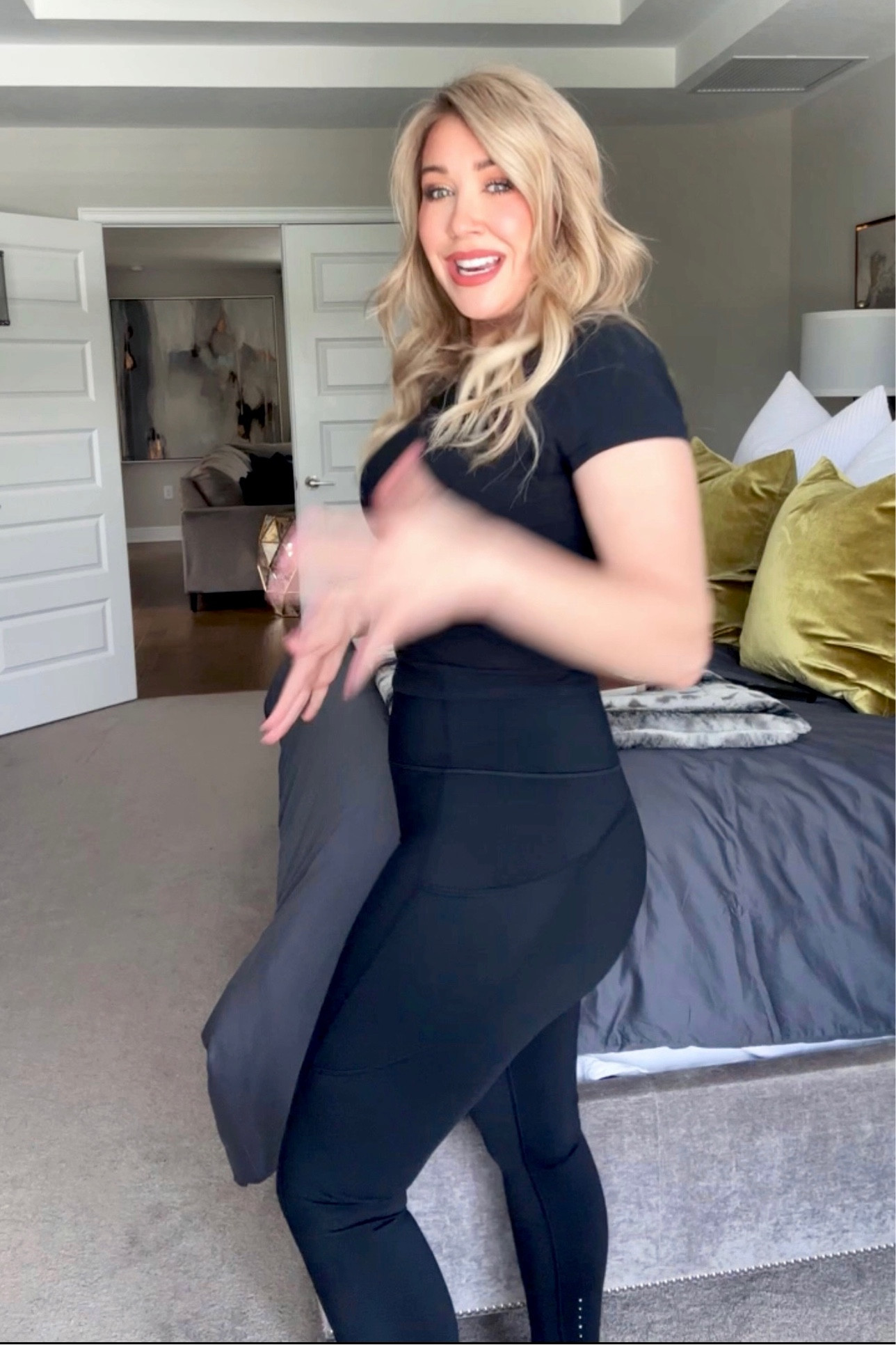 These leggings are an Amazon dupe of the Lululemon fast & free. Amazing fabric and fit!! They do have a good stretch, if you are between sizes I would size down. 

I’m wearing my regular size- medium